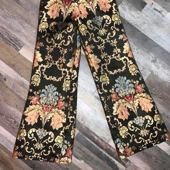 Vintage Pants - Brocade Damask Print Fully Lines Flared Pants